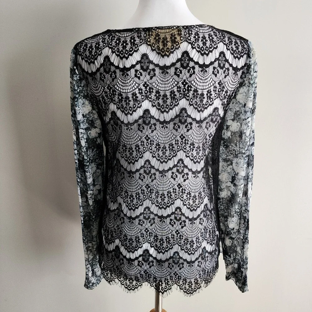 Nicole Miller Artelier Shirt Womens Small Sheer Lace Back Feminine Blouse Dainty - Picture 2 of 14